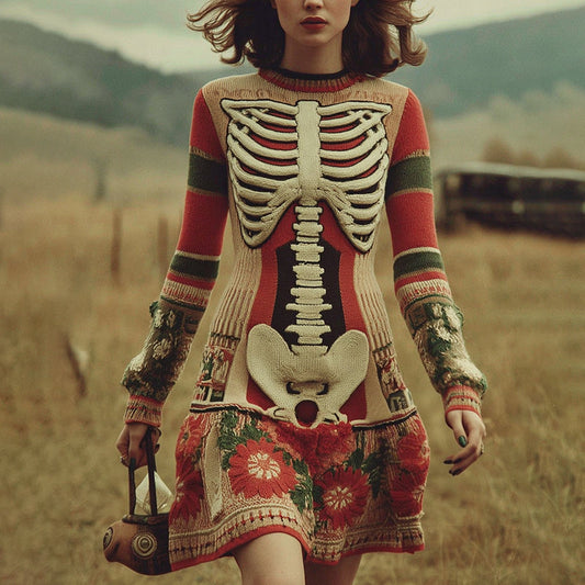 Women's Vintage Skull Rib Flower Pattern Color Block Knit Mini Dress artswardrobe