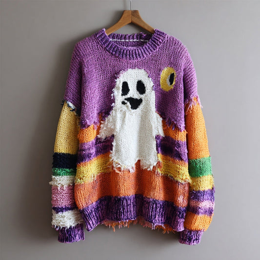 Halloween Spooky Ghost Embroidered Patchwork Cozy Knitted Sweater elevenforest