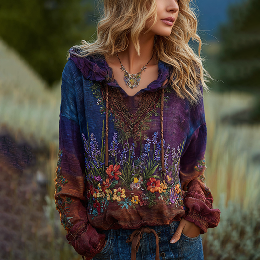Comstylish Women's Classic Bohemian Floral And Rose Gradient Art Linen Hoodie