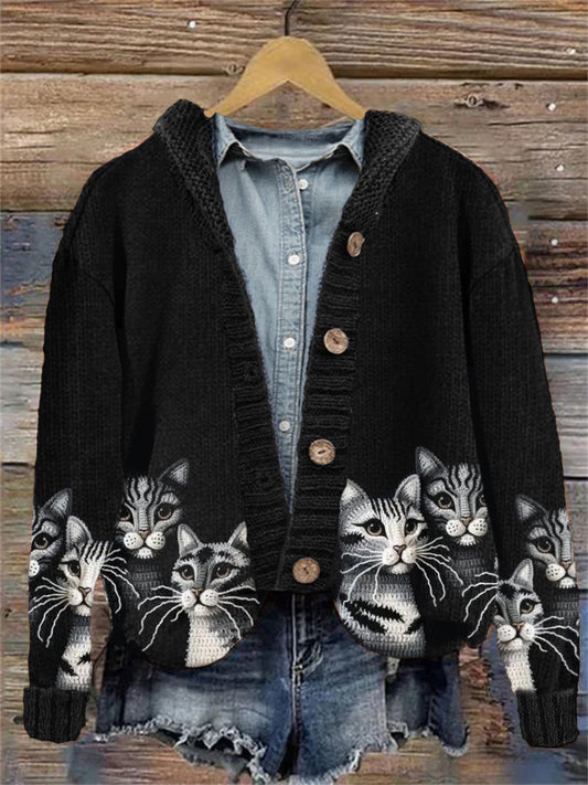 Comstylish American Shorthair Cats Crochet Cozy Knit Hooded Cardigan