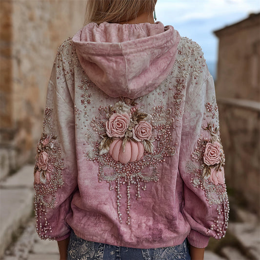 Comstylish Vintage Thanksgiving Pink Pumpkins & Roses Gradient Hoodie