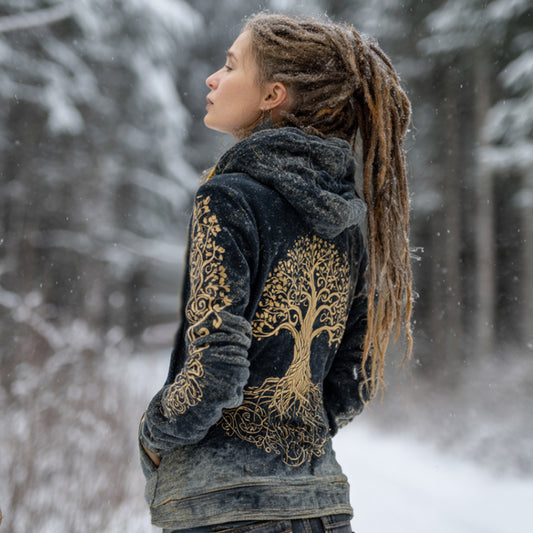 Comstylish Viking Style Life Tree Print Vintage Hoodie