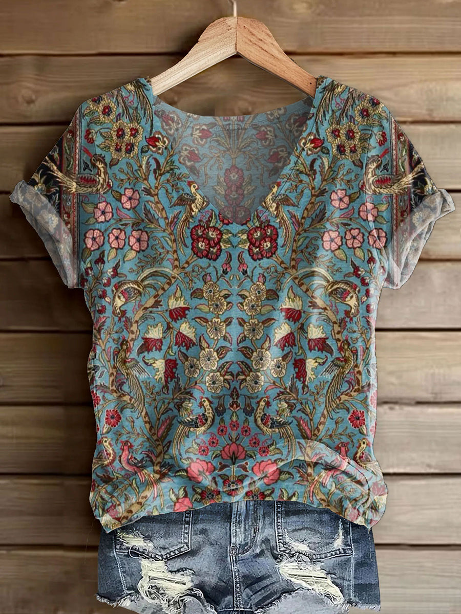 Women's Vintage Ethnic Floral Art Print V-neck Casual T-Shirt