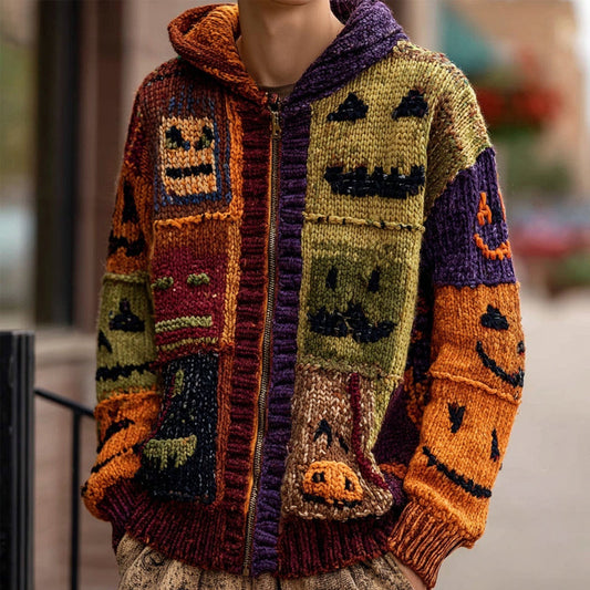 Men's Halloween Inspired Patchwork Cozy Knitted Zip Up Hoodie elevenforest
