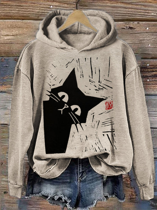 Peeking Black Cat Japanese Lino Art Hoodie elevenforest