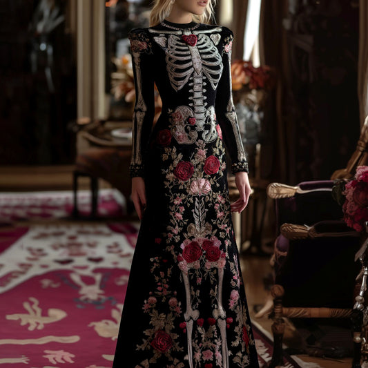 Comstylish Women's Mexican Rose Skeleton Velvet Round Neck Maxi Dress