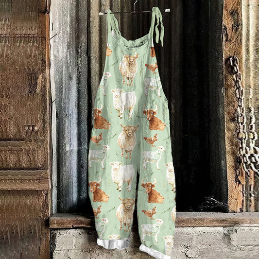 Fun Farm Chickens Graphics Linen Blend Casual Jumpsuit artswardrobe