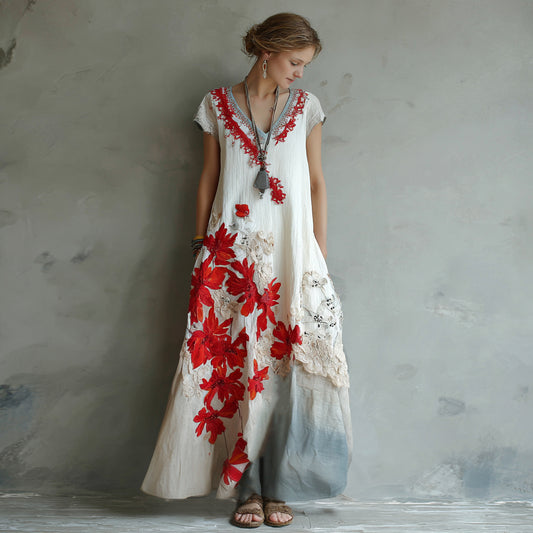 Women's Retro Red Spider Lily Cotton And Linen V-neck Dress artswardrobe