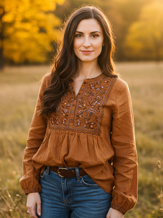 Comstylish Women's Vintage Bohemian Embroidered Print Shirt