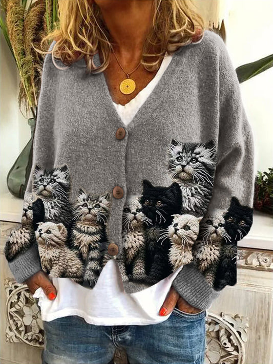Fuzzy Cats Crochet Art V Neck Cozy Knit Cardigan elevenforest