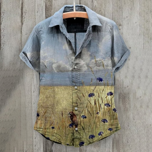 Comstylish Golden Beach Bird Floral Vintage Cotton and Linen Shirt