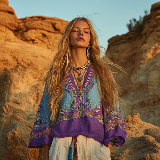Comstylish Vintage Boho Bohemian Ethnic Color Block Patchwork Linen V-neck Tunic