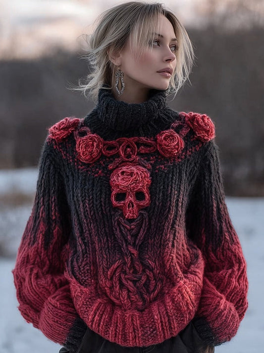 Vintage Red Roses Viking Celtic Skull Cozy Knit Turtleneck Sweater artswardrobe