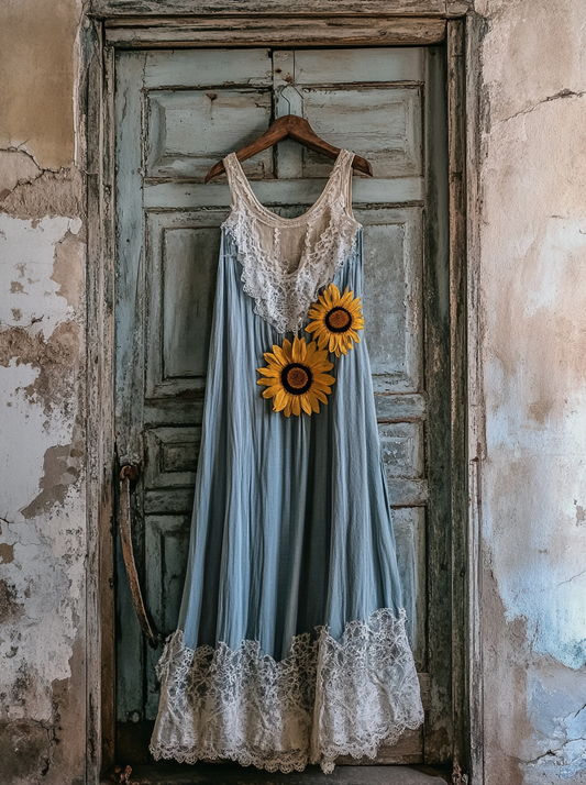 Boho Sunflower Embroidered Pattern Lace Patchwork Art Linen Dress artswardrobe