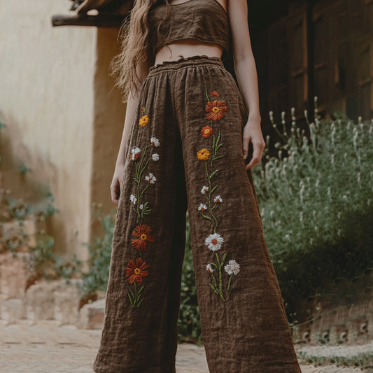 Women's Retro Linen  Floral Boho Loose Wide-leg Trouser Pants artswardrobe