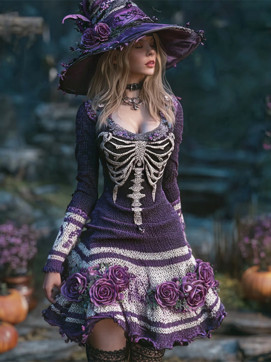 Comstylish Halloween Skeleton Floral Art Women's Knit A-line Mini Dress