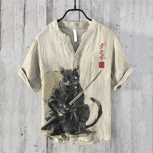 Japanese Cat Ninja Art Print Henry Collar Shirt elevenforest