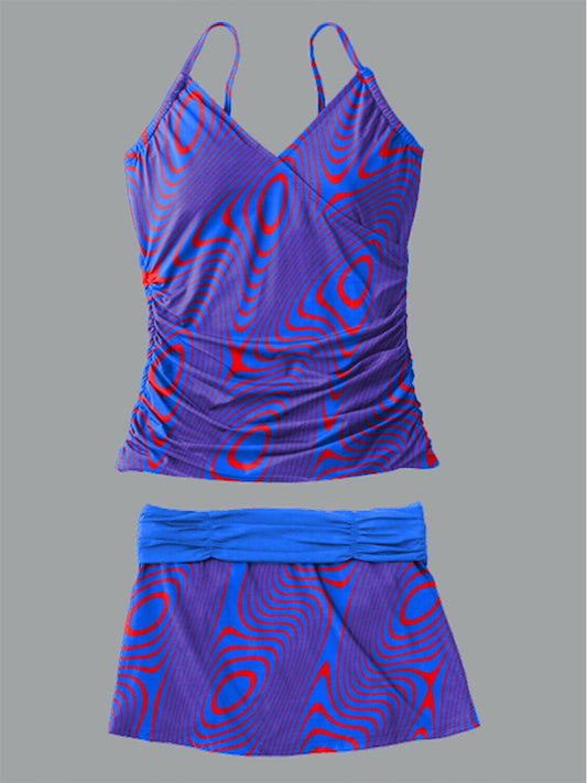 Women's Circular Line Art Printed Suspender Shirred Swimsuit Set