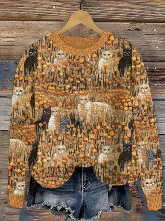 Fall Cats Embroidery Pattern Cozy Knit Sweater elevenforest