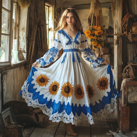 Vintage Sunflower Gradient Lace Art Linen V Neck Maxi Dress artswardrobe