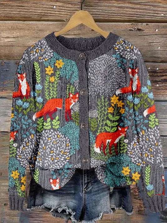 Fox in the Forest Pattern Vintage Cozy Knit Cardigan artswardrobe