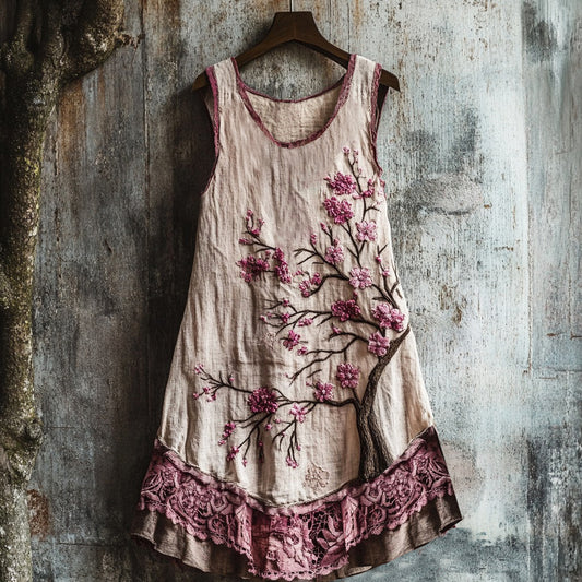Women's Cherry Blossom Embroidery Art Linen Tank Dress artswardrobe