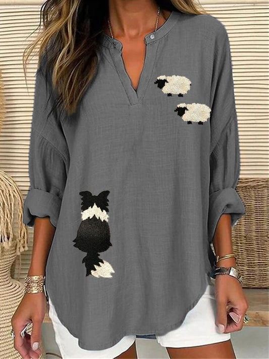 Comstylish Border Collie & Sheep Embroidered Linen Blend Tunic