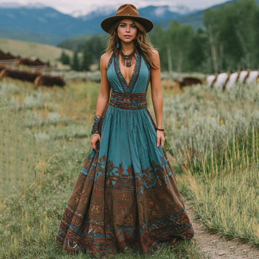 Women's Vintage Western Geometric Print V-neck Tank Maxi Dress artswardrobe