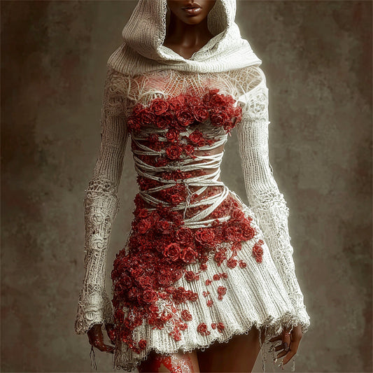 Halloween Bandage & Floral Art Women's Knit Hooded Mini Dress artswardrobe