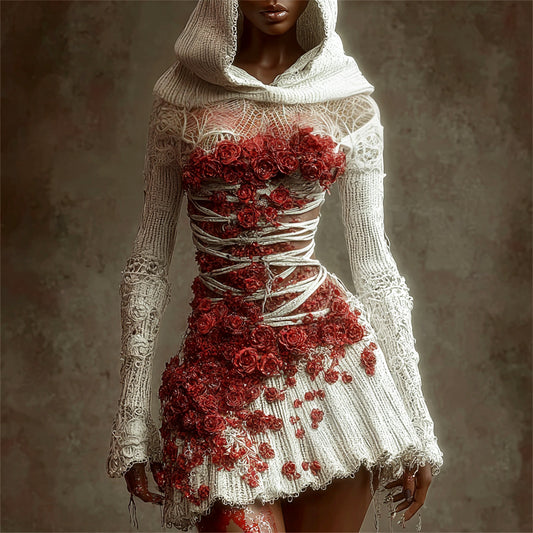 Comstylish Halloween Bandage & Floral Art Women's Knit Hooded Mini Dress