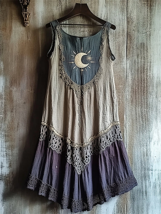 Mystical Moon Inspired Lace Hem Contrast Patchwork Linen Dress artswardrobe