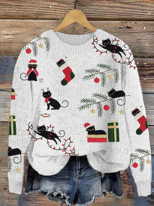 Christmas Cats Embroidery Cozy Sweater elevenforest