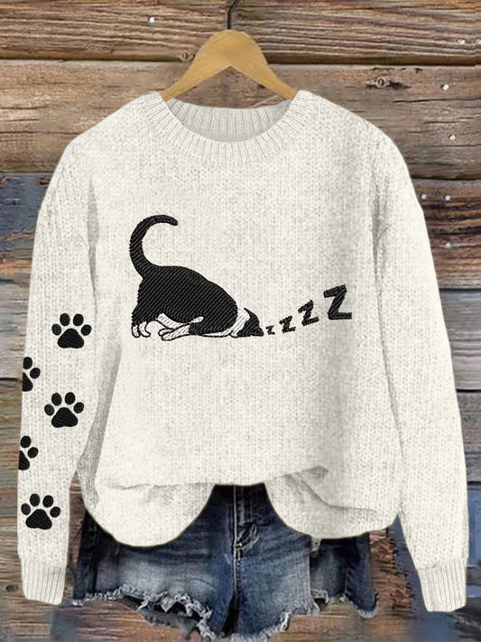 Cute Sleeping Cat Embroidered Cozy Knit Sweater elevenforest