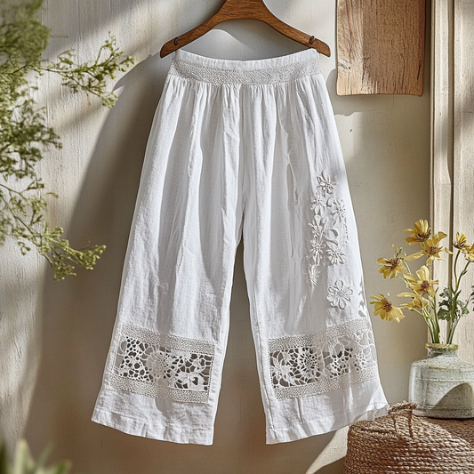 Simple Floral Hollow Lace Embroidery Linen Casual Pants artswardrobe