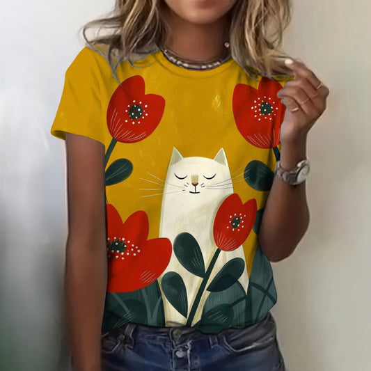 Comstylish Women's Retro Pop Art Cat Short Sleeve Top