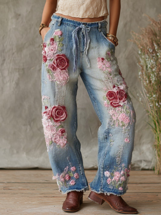 Love & Health Collection Retro Western Women Style Vintage Rose And Floral Patchwork Art Linen Pants artswardrobe