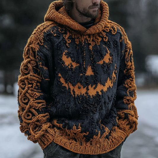 Men's Halloween Pumpkin Face Contrast Knit Hooded Sweater artswardrobe