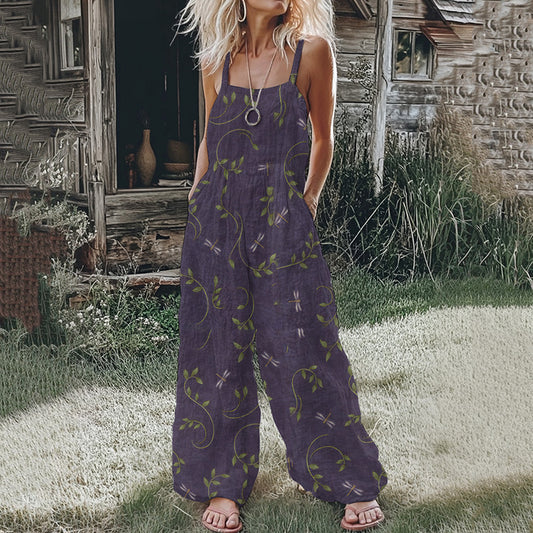 Women's Floral And Dragonfly Linen Print Cotton Linen Jumpsuit artswardrobe