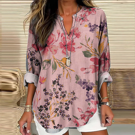 Comstylish Elegant Floral Art Linen Blend Tunic