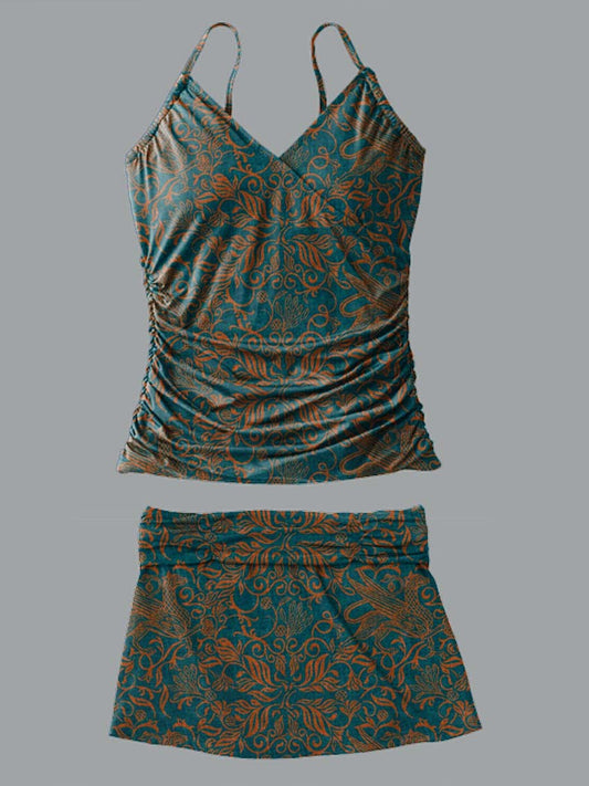 V-Neck Retro Foliage Symmetric Pattern Art Print Suspender Skirt Tankini Pantskirt Set Swimsuit