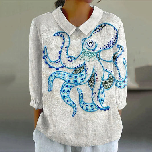 Women's Vintage Abstract Fish Octopus Art Print Casual Cotton And Linen 3/4 Sleeve Shirt artswardrobe