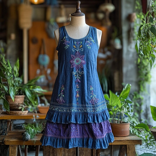 Vintage Bohemian Floral Embroidery Linen Mini Dress artswardrobe
