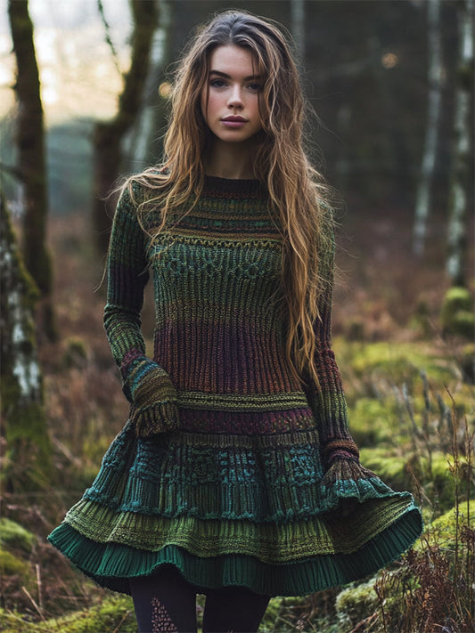 Colorful Layered Patchwork Cozy Knit Flare Sweater Midi Dress elevenforest