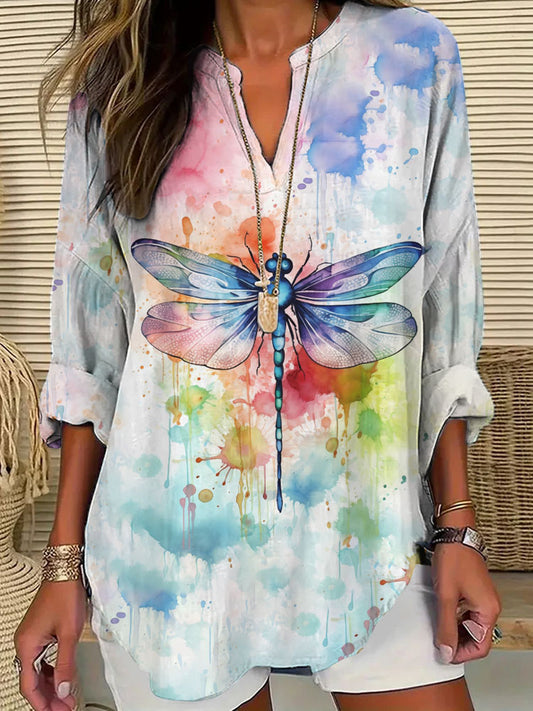 Comstylish Women's Casual Watercolor Dragonfly Cotton Blend Print T-shirt3