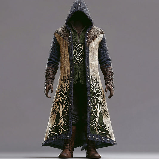 Men's Viking Contrast Color Tree Of Life Embroidered Knit Hooded Coat artswardrobe