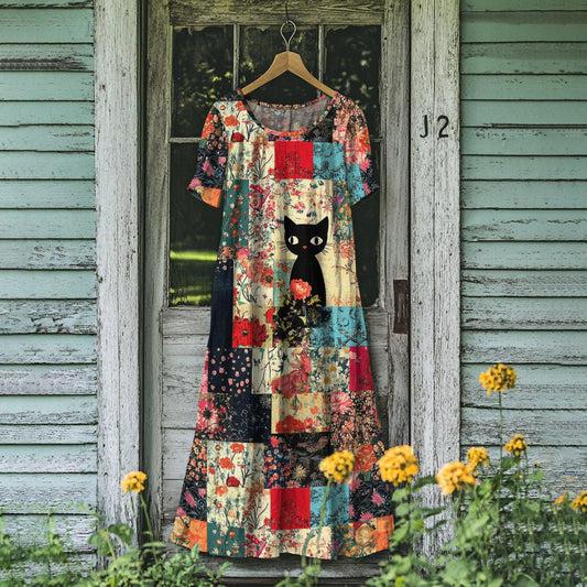 Comstylish Vintage Cat Floral Patchwork Art Linen Maxi Dress