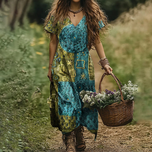 Women's Vintage Patchwork Art Print V-neck Linen Blend Midi Dress artswardrobe