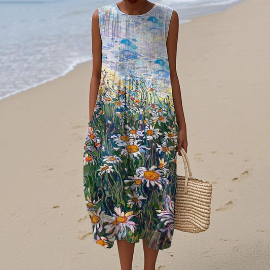 Women's Retro Oil Painting Casual Midi Dress artswardrobe
