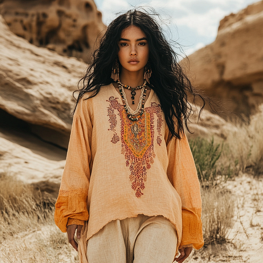 Comstylish Vintage Ethnic Style Embroidered Linen V Neck Long Sleeve Shirt
