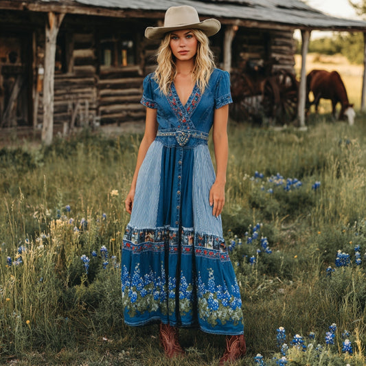 Women's Vintage Western Texas Bluebonnets Printed Patchwork V-neck Short Sleeves Midi Dress artswardrobe